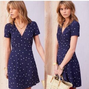 Sezane 100% Silk Anastasia Wrap Dress Blue Polka Dot Size 38 French or US 6 Mini